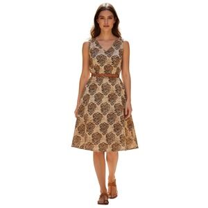 RHEA Earthy Tan Orange Floral Tree Shift Dress S/M Artisan Boho Viscose